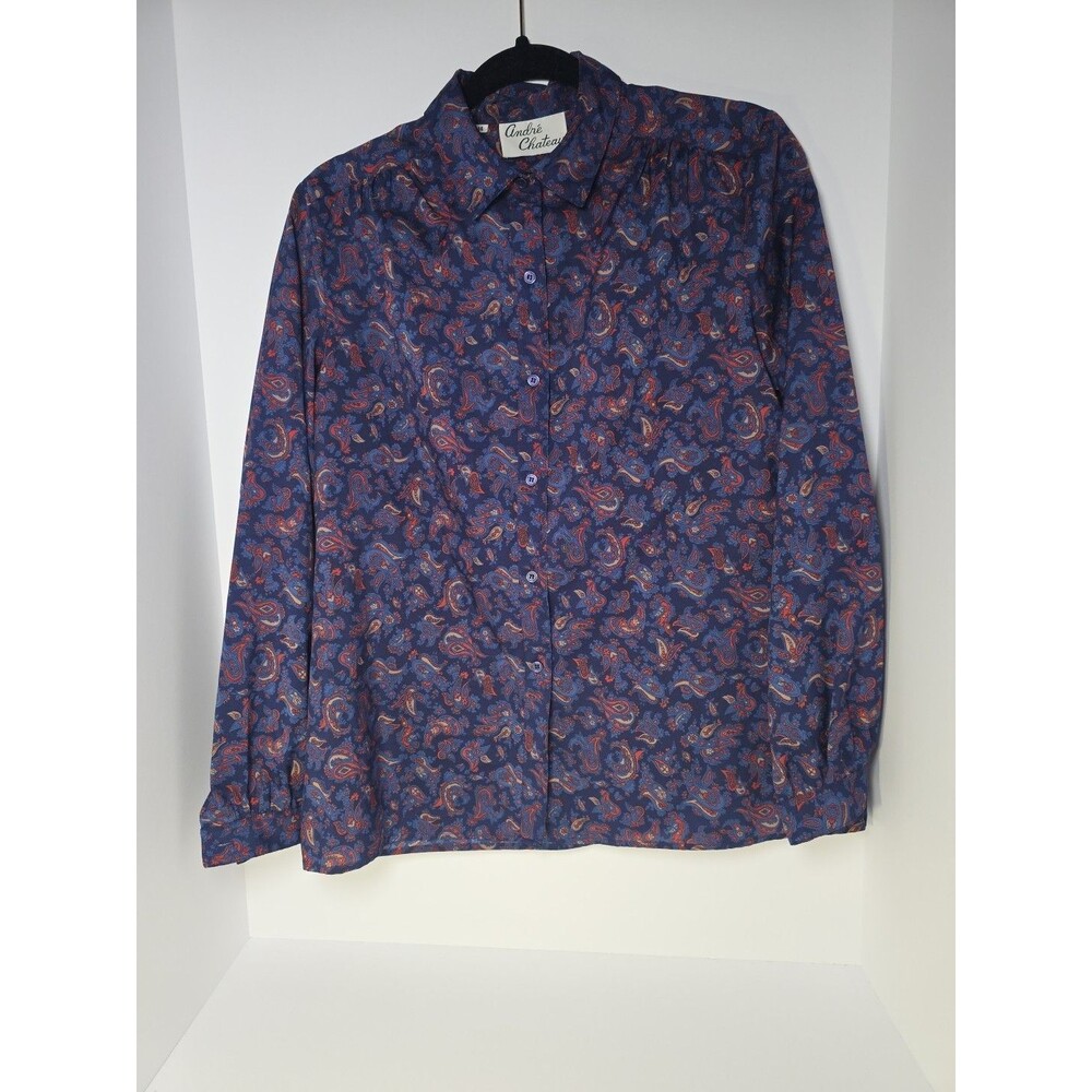 Andre Chateau Paisley Print Women's Vintage Blouse Button Up Size 14 Shirt Blue